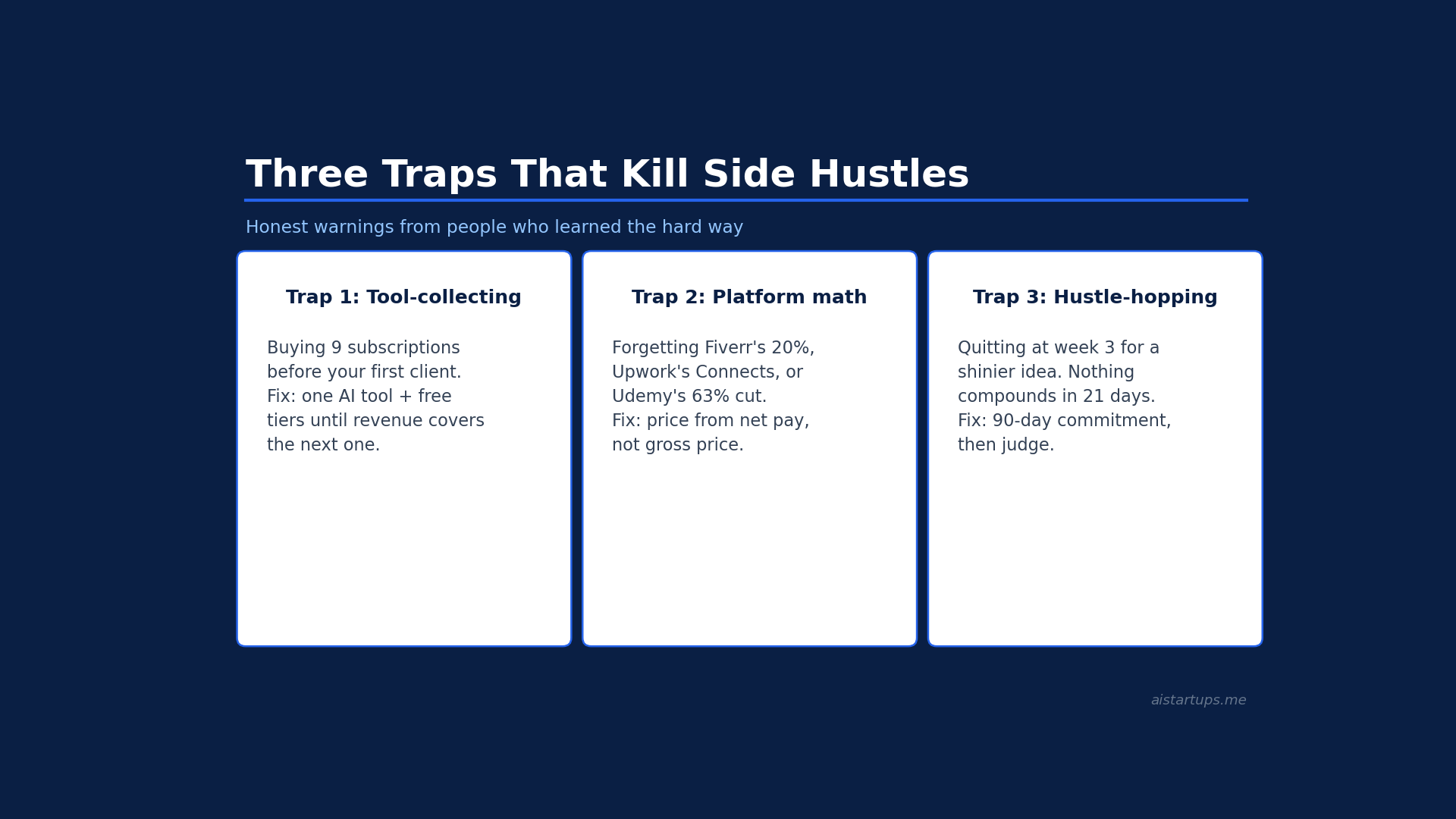 Slide deck: three traps that kill side hustles — tool-collecting, platform math, and hustle-hopping