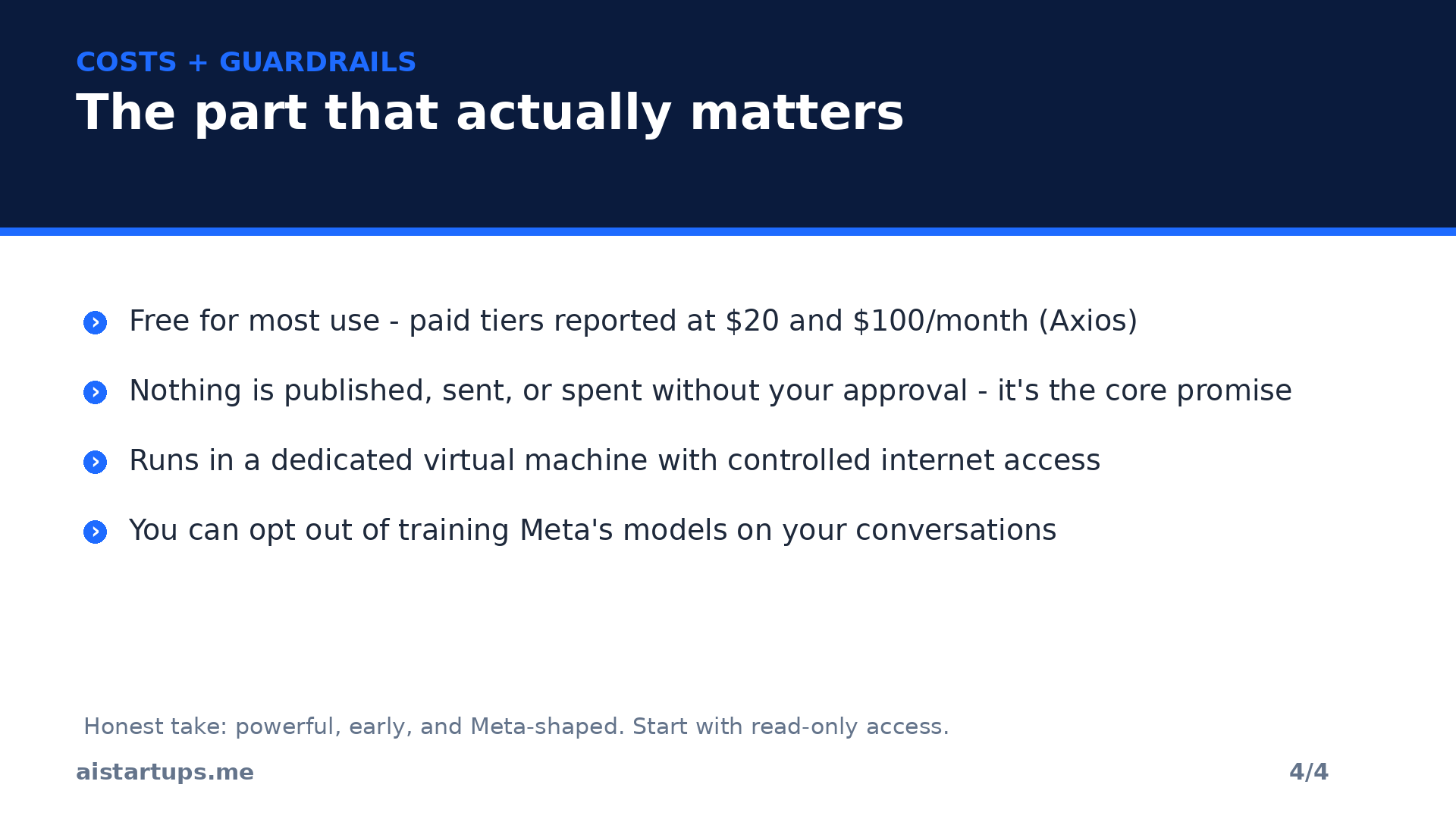 Slide: Costs and guardrails - pricing, approval gate, and privacy controls