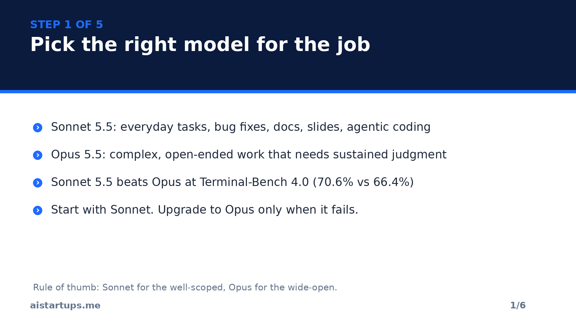 Step 1: Pick the right model for the job — Sonnet 5.5 for everyday tasks, Opus 5.5 for complex judgment calls