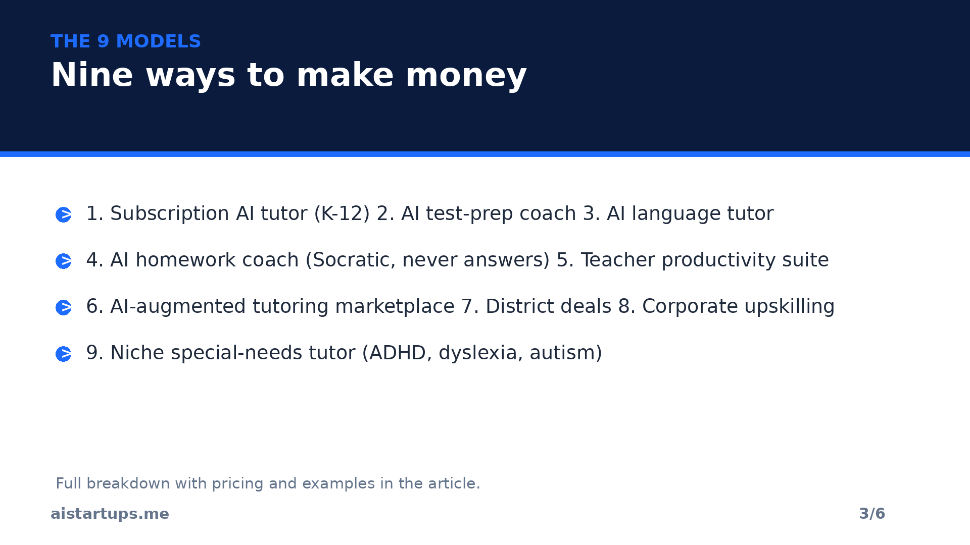 Slide 3: The 9 AI tutoring business models at a glance -- from subscription AI tutors to niche special-needs tools