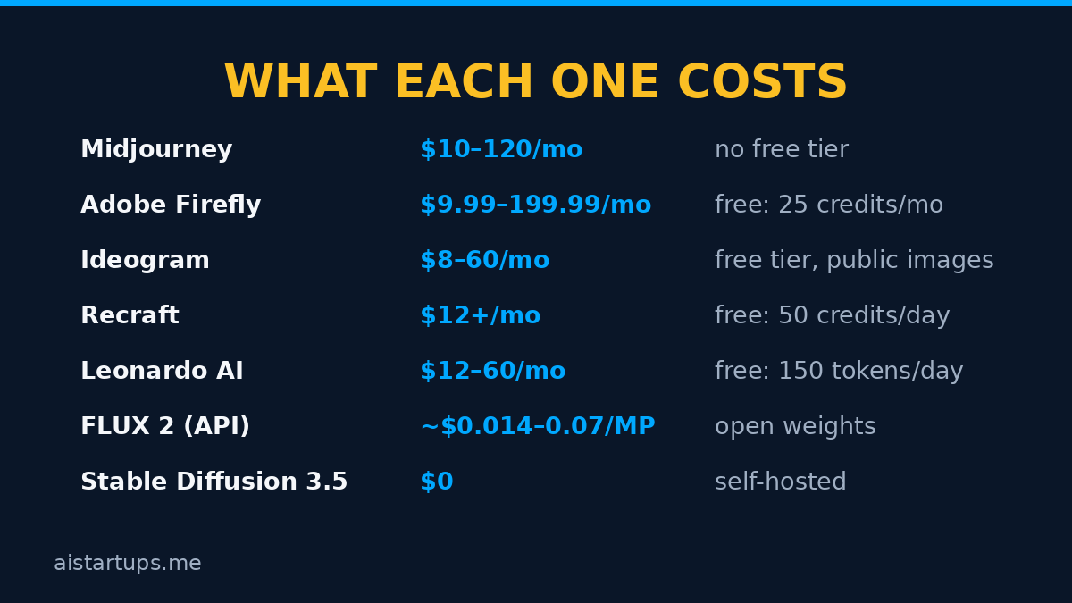 AI image generator price comparison slide â€” what each tool costs per month