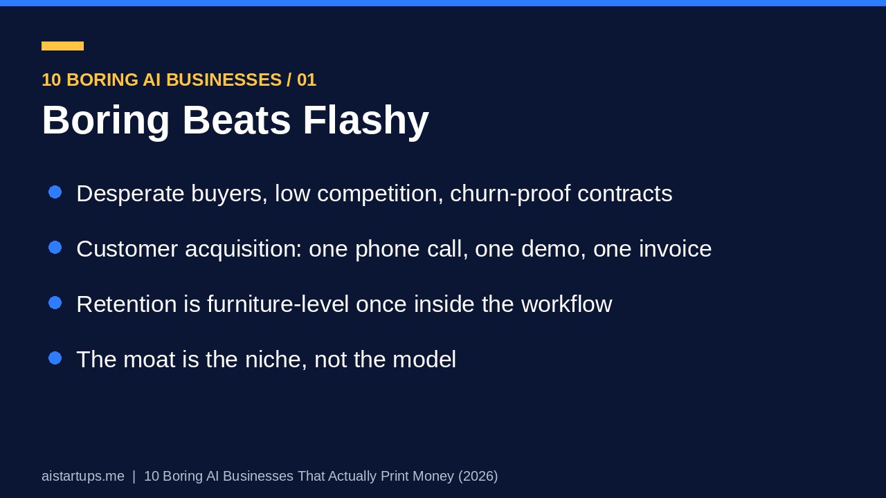 Title slide: why boring AI businesses win in 2026