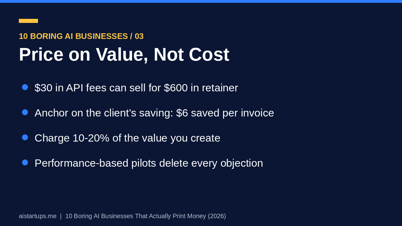 Slide deck page 3: pricing boring AI businesses on value, not cost