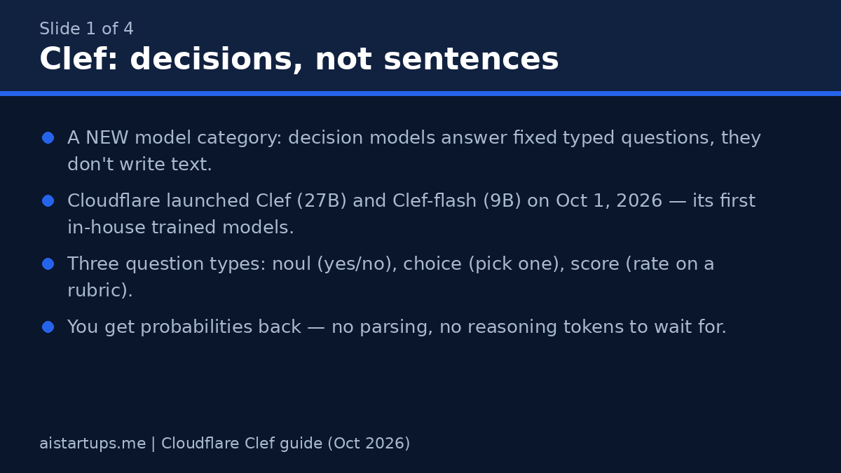 Slide: Clef decision models for AI agents, launched October 2026