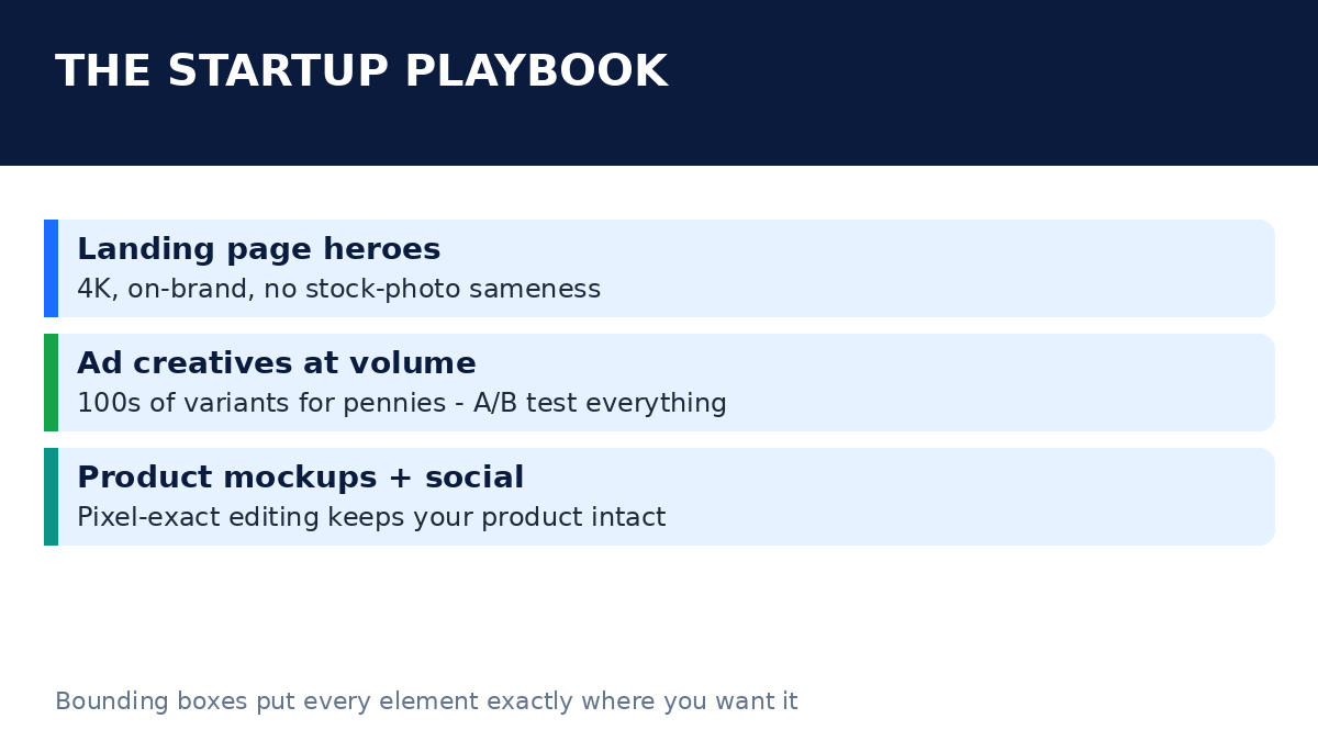 Slide 3: the startup playbook - landing page heroes, ad creatives, product mockups