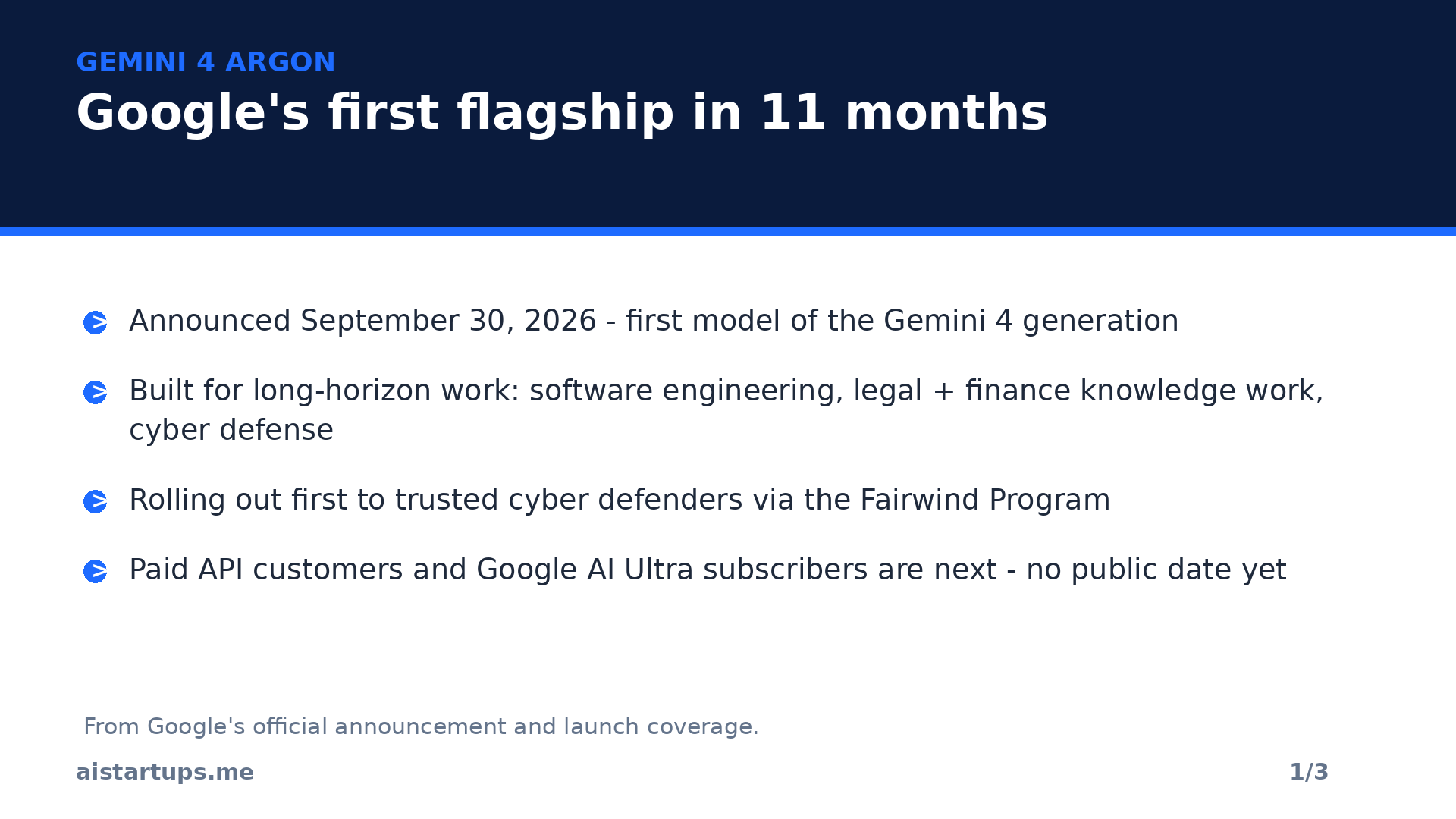 Slide: What Gemini 4 Argon is — Google's first flagship since Gemini 3, announced September 30, 2026