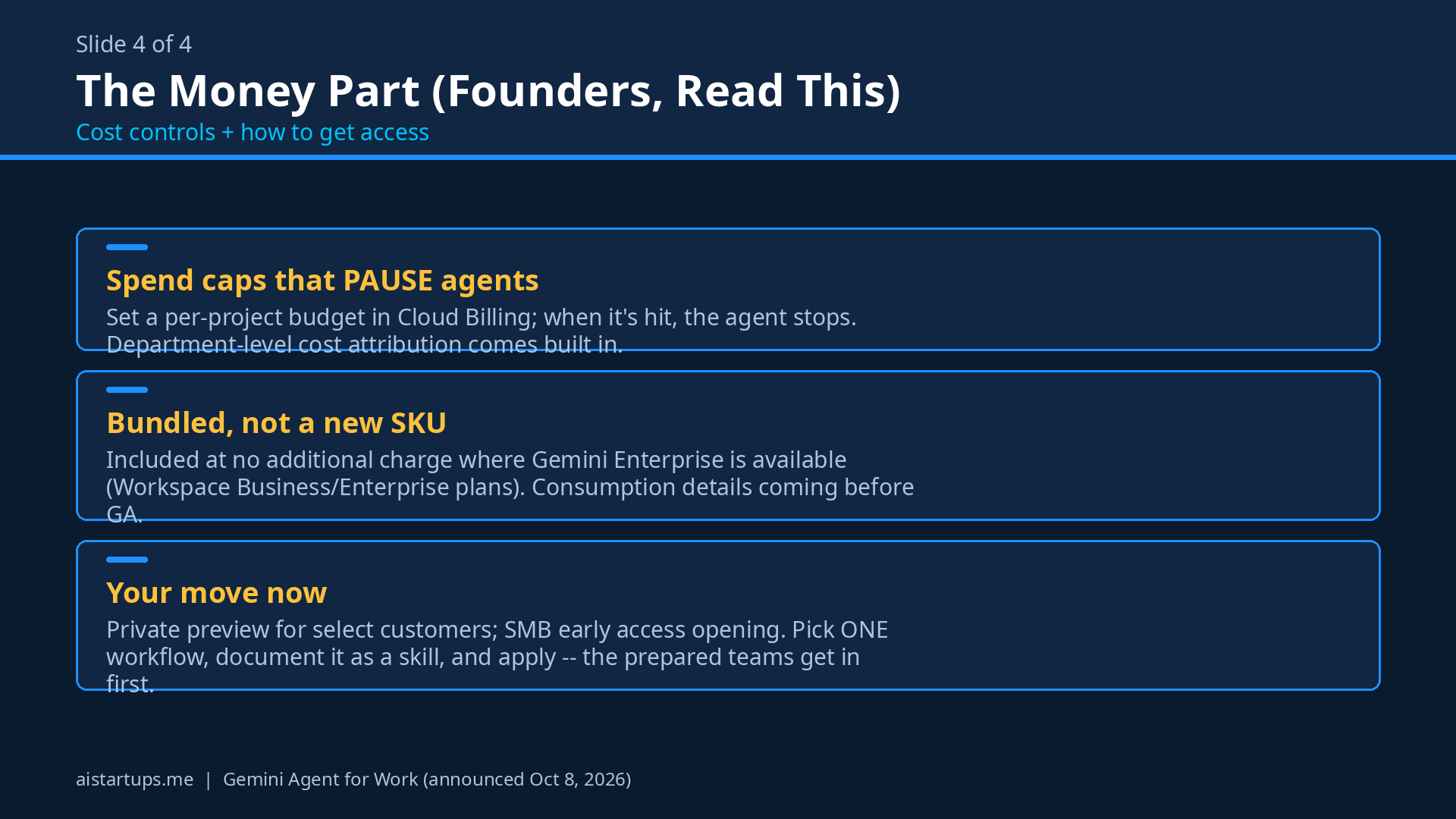Slide deck: The money part — cost controls and how founders get access