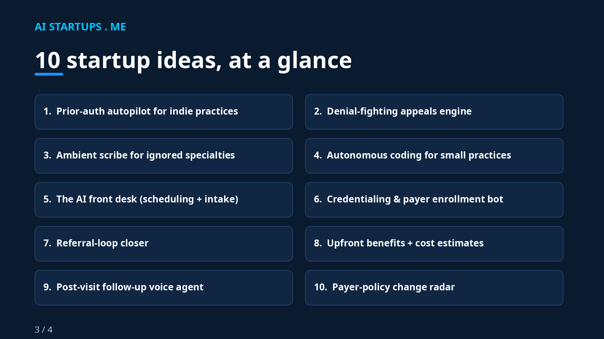 Slide 3: the 10 startup ideas at a glance, from prior-auth autopilot to payer-policy radar