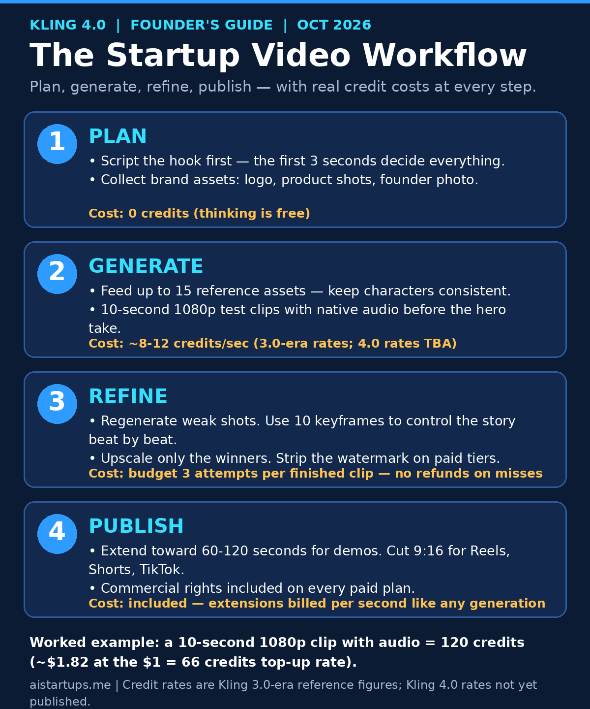 Infographic: the 4-step Kling 4.0 startup video workflow — plan, generate, refine, publish — with credit costs per step