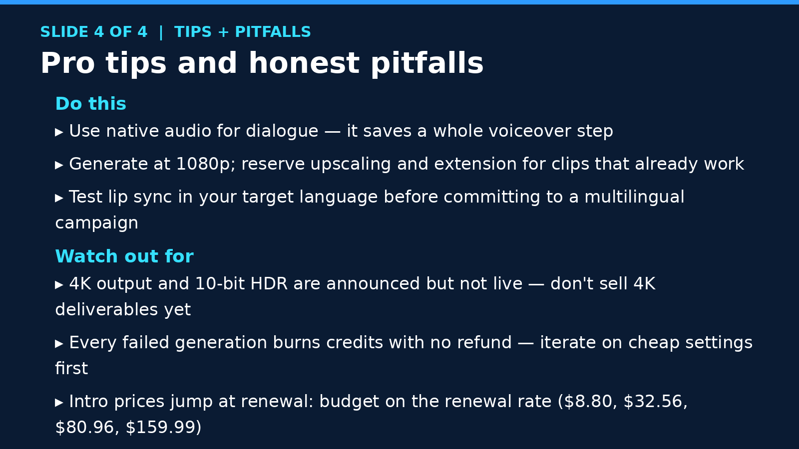 Slide: pro tips and honest pitfalls for Kling 4.0