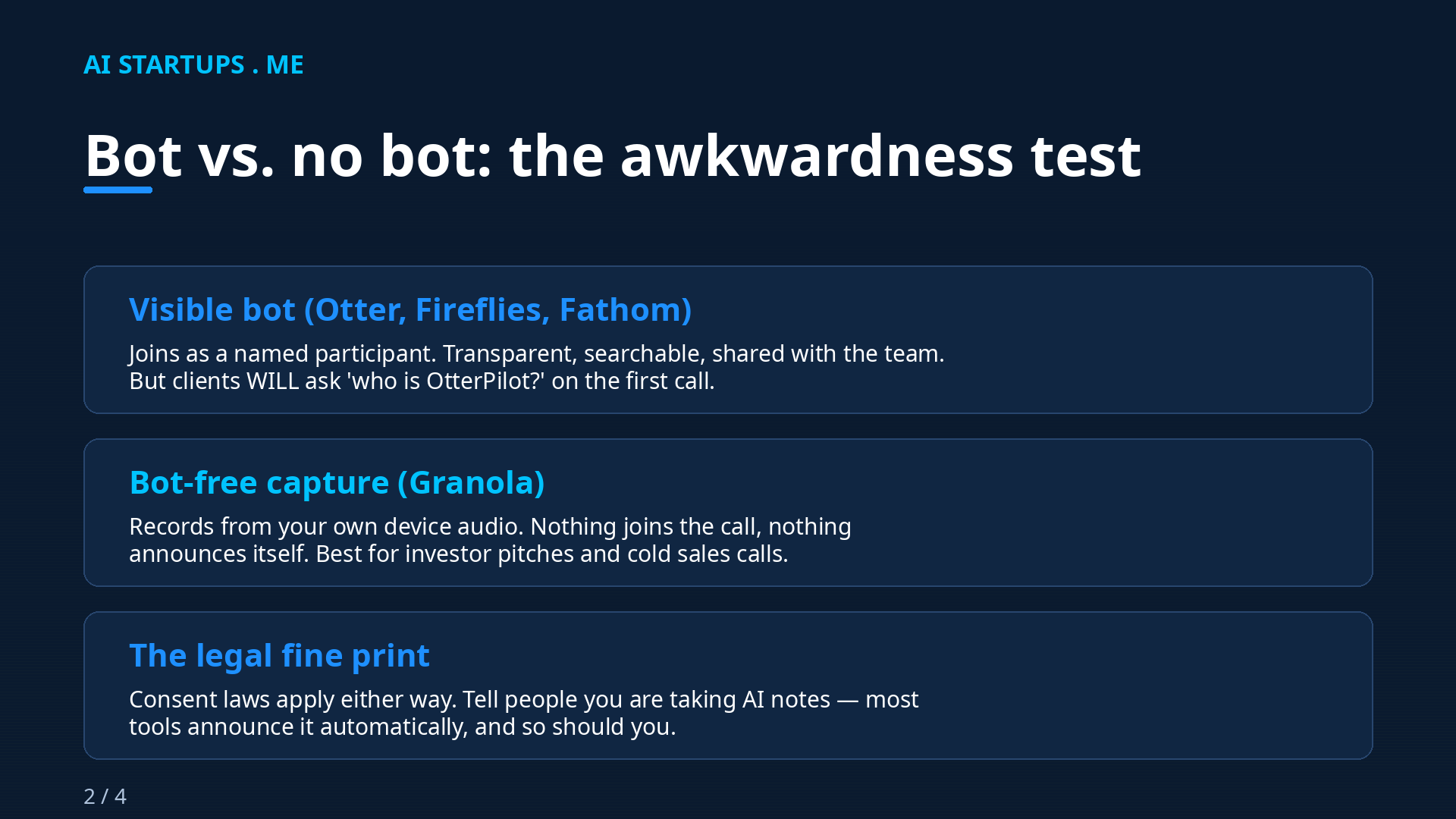 Slide 2: Bot vs no-bot meeting capture compared