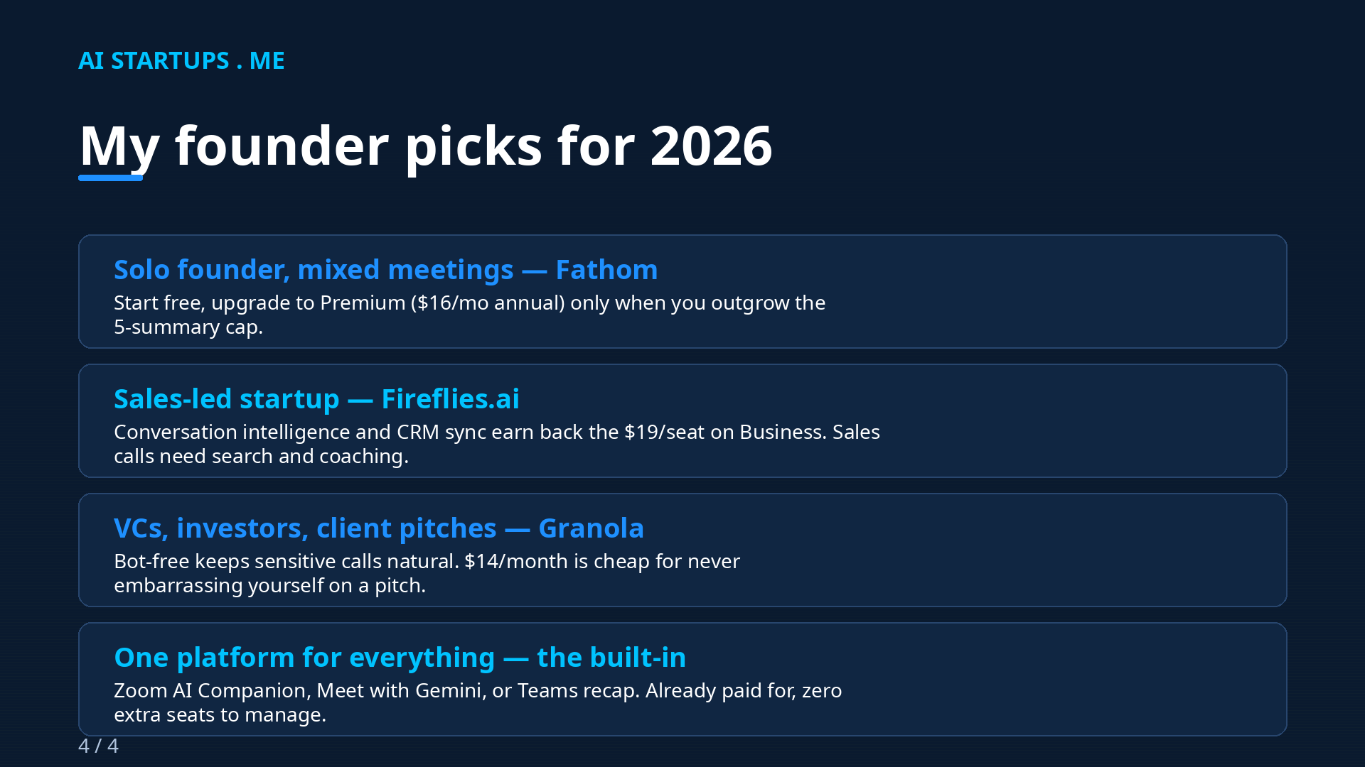 Slide 4: Founder picks for 2026 by use case