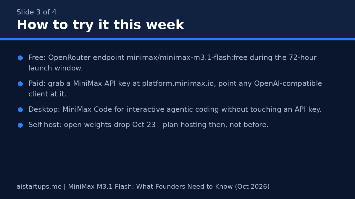 Slide: How to try MiniMax M3.1 Flash free this week — OpenRouter free endpoint, MiniMax API, and MiniMax Code
