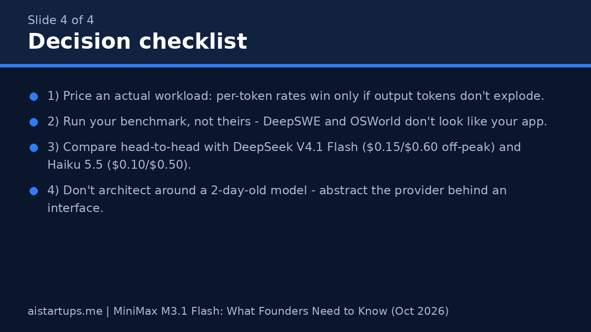 Slide: Decision checklist — pricing your workload, benchmarking, comparing rivals, and abstracting the provider