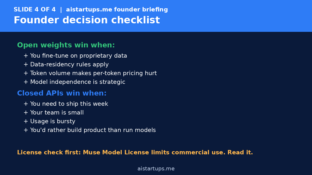 Slide 4: Founder decision checklist for open weights vs closed APIs